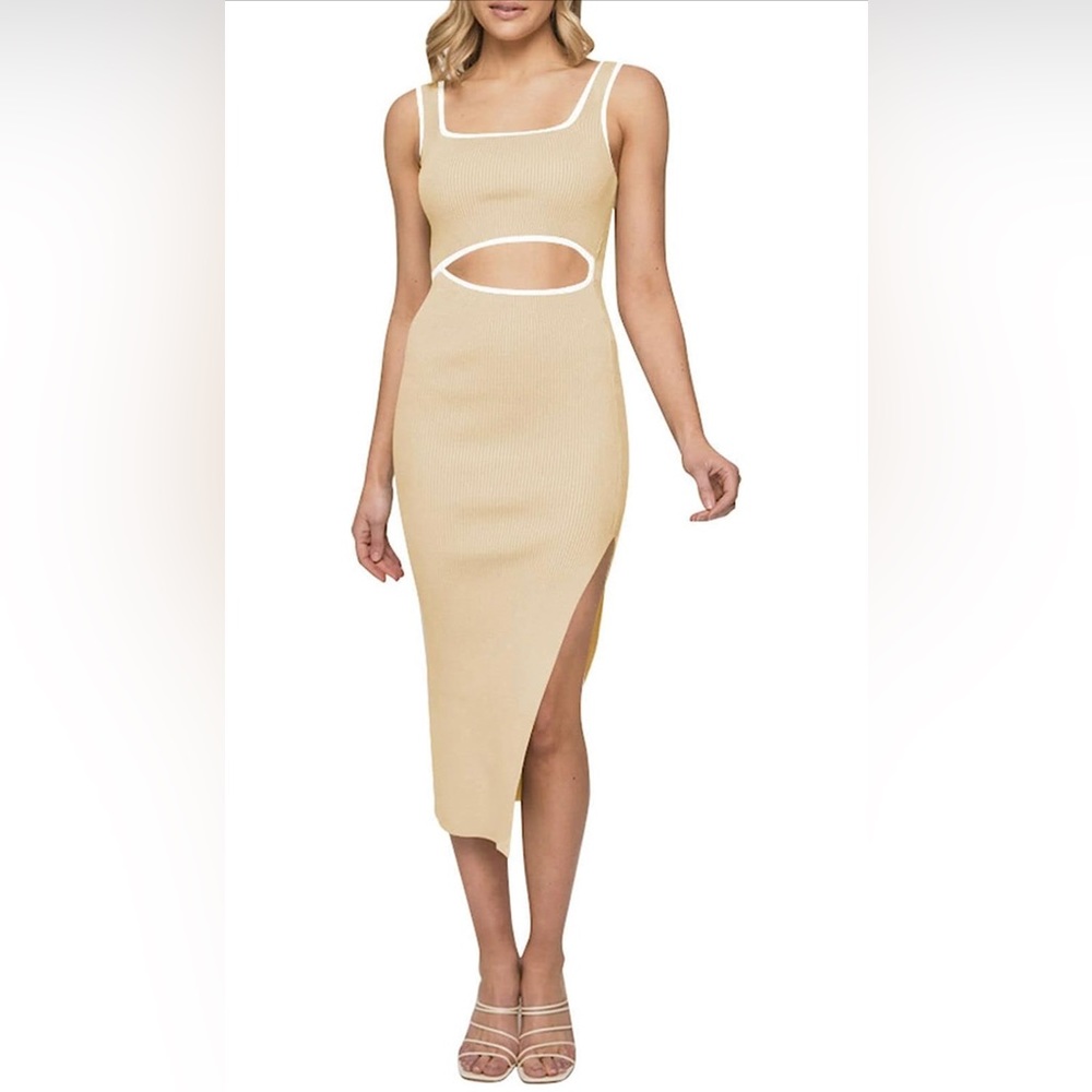 Apricot Square Neck Ribbed Bodycon Tank Dress with Cut-Outs and Side Slit